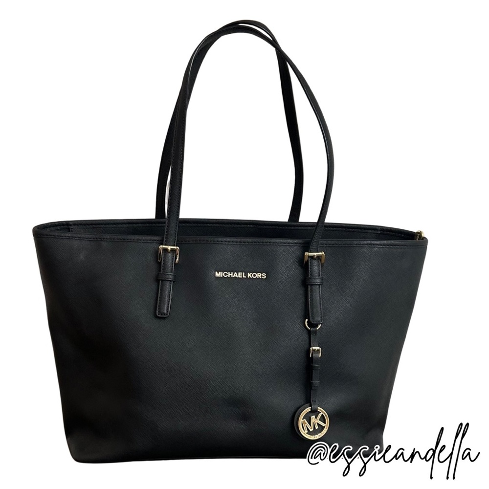 Michael Kors Black Leather Tote Laptop Bag with Gold Hardware